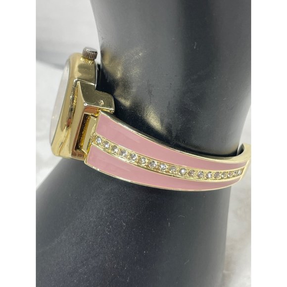 Cuff Enamel Pink Bangle Bracelet Wrist Watch with Rhinestones Made in Japan - Picture 4 of 5